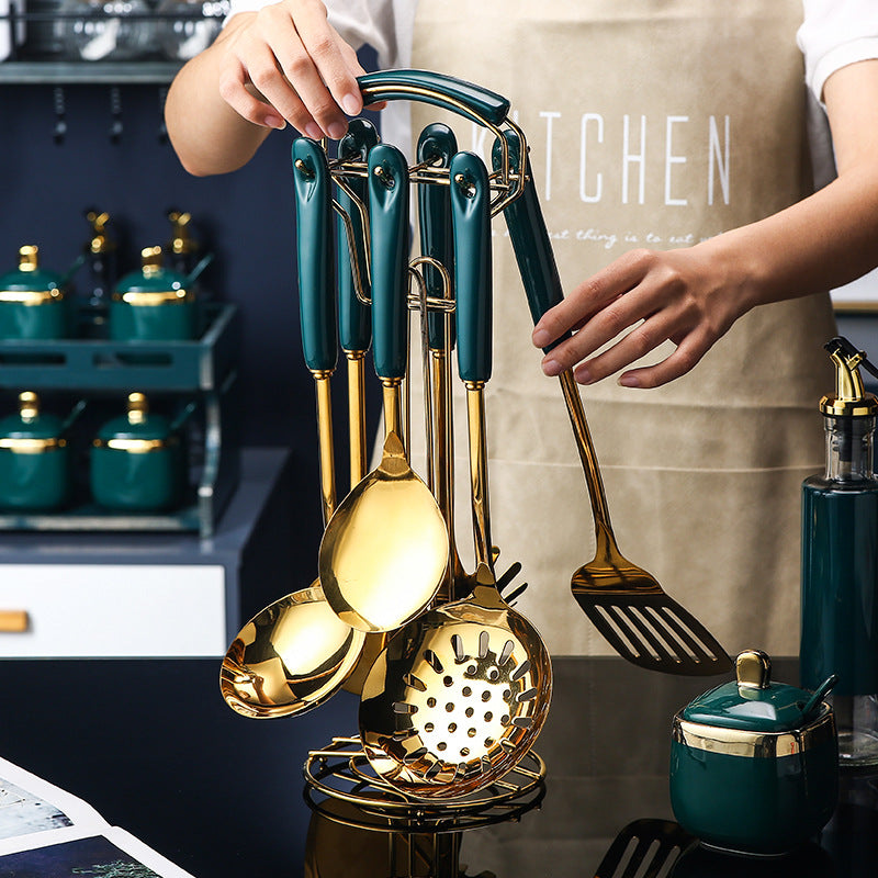 Lot de 7 ustensiles de cuisine en acier inoxydable et silicone : spatule perforée, spatule à retourner, louche, cuillère de service, cuillère à pâtes