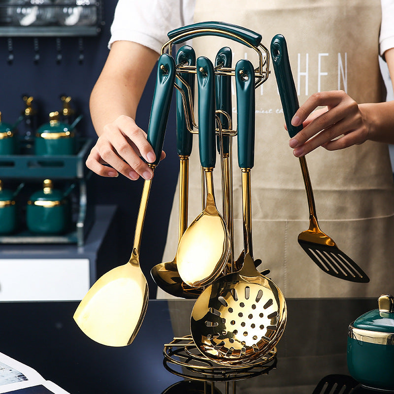 Lot de 7 ustensiles de cuisine en acier inoxydable et silicone : spatule perforée, spatule à retourner, louche, cuillère de service, cuillère à pâtes