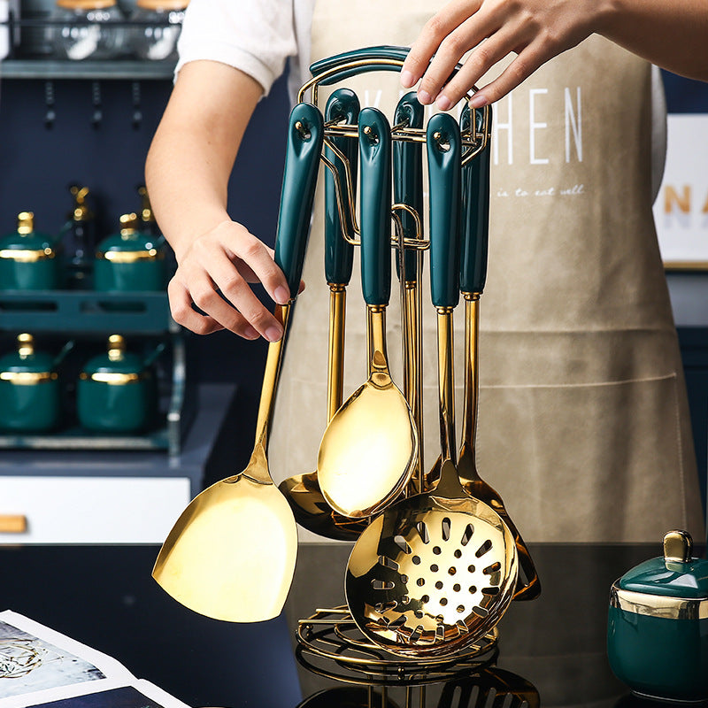 Lot de 7 ustensiles de cuisine en acier inoxydable et silicone : spatule perforée, spatule à retourner, louche, cuillère de service, cuillère à pâtes