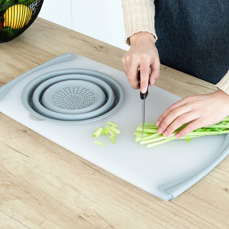 Planche à Découper Multifonctionnelle 3 en 1 Innovante avec Panier d'Egouttage Pliable