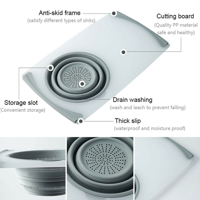 Planche à Découper Multifonctionnelle 3 en 1 Innovante avec Panier d'Egouttage Pliable