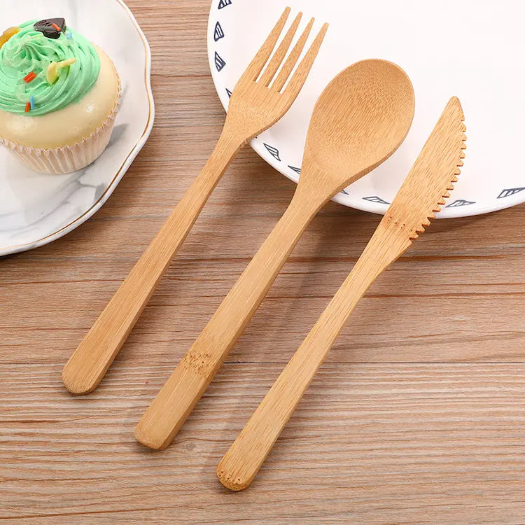Ensemble de Couteau, Fourchette et Cuillère en Bambou, Ecologique et Biodégradable