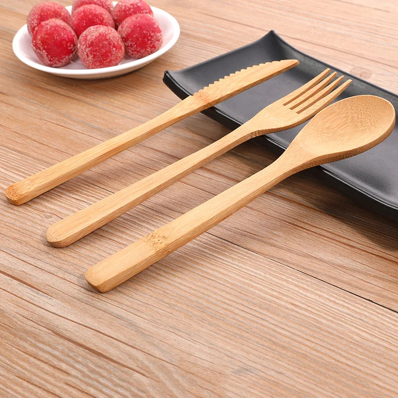 Ensemble de Couteau, Fourchette et Cuillère en Bambou, Ecologique et Biodégradable
