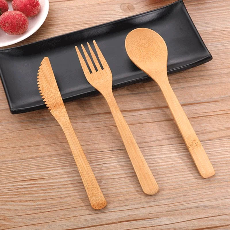 Ensemble de Couteau, Fourchette et Cuillère en Bambou, Ecologique et Biodégradable