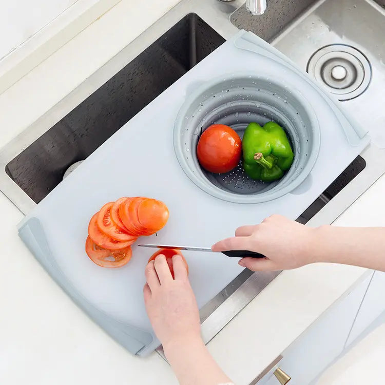 Planche à Découper Multifonctionnelle 3 en 1 Innovante avec Panier d'Egouttage Pliable