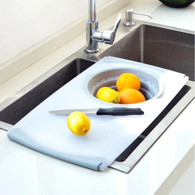 Planche à Découper Multifonctionnelle 3 en 1 Innovante avec Panier d'Egouttage Pliable