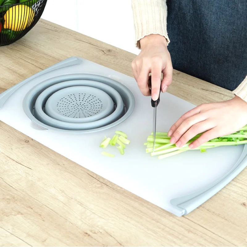 Planche à Découper Multifonctionnelle 3 en 1 Innovante avec Panier d'Egouttage Pliable