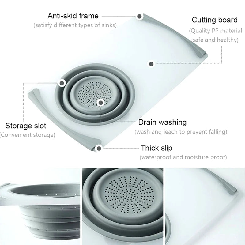 Planche à Découper Multifonctionnelle 3 en 1 Innovante avec Panier d'Egouttage Pliable