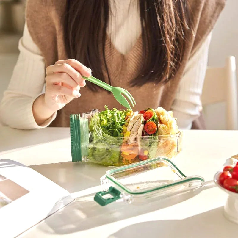 Saladier Portable Tout-En-Un en Plastique avec Récipient à Flocons d'Avoine Etanche, Réutilisable