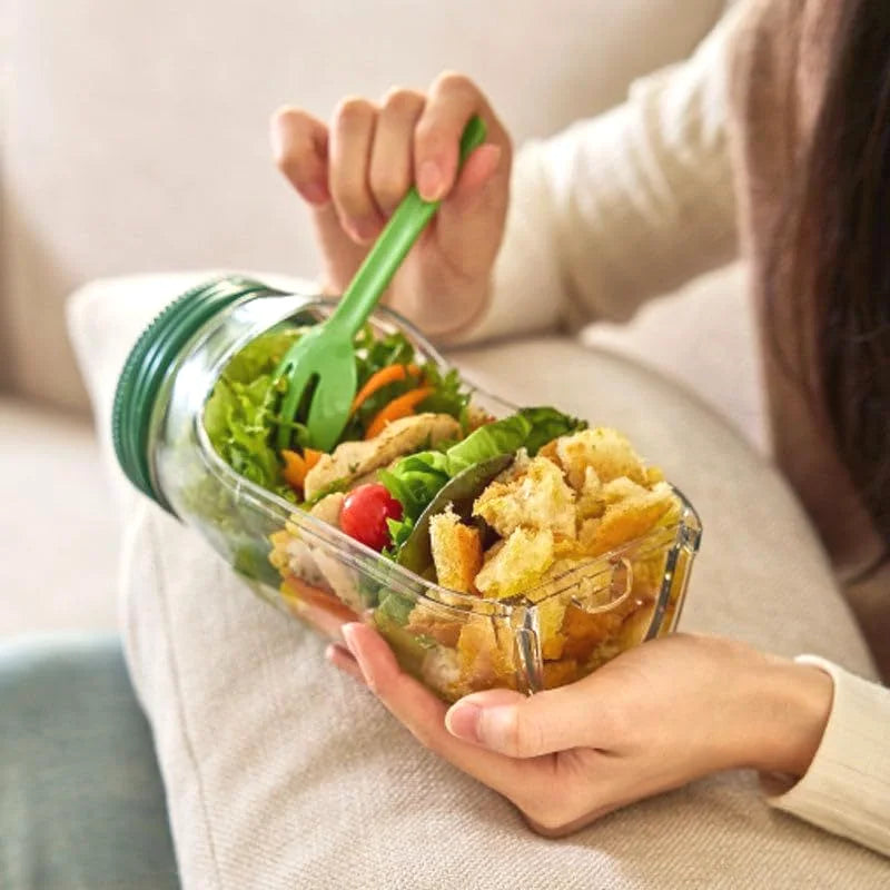 Saladier Portable Tout-En-Un en Plastique avec Récipient à Flocons d'Avoine Etanche, Réutilisable