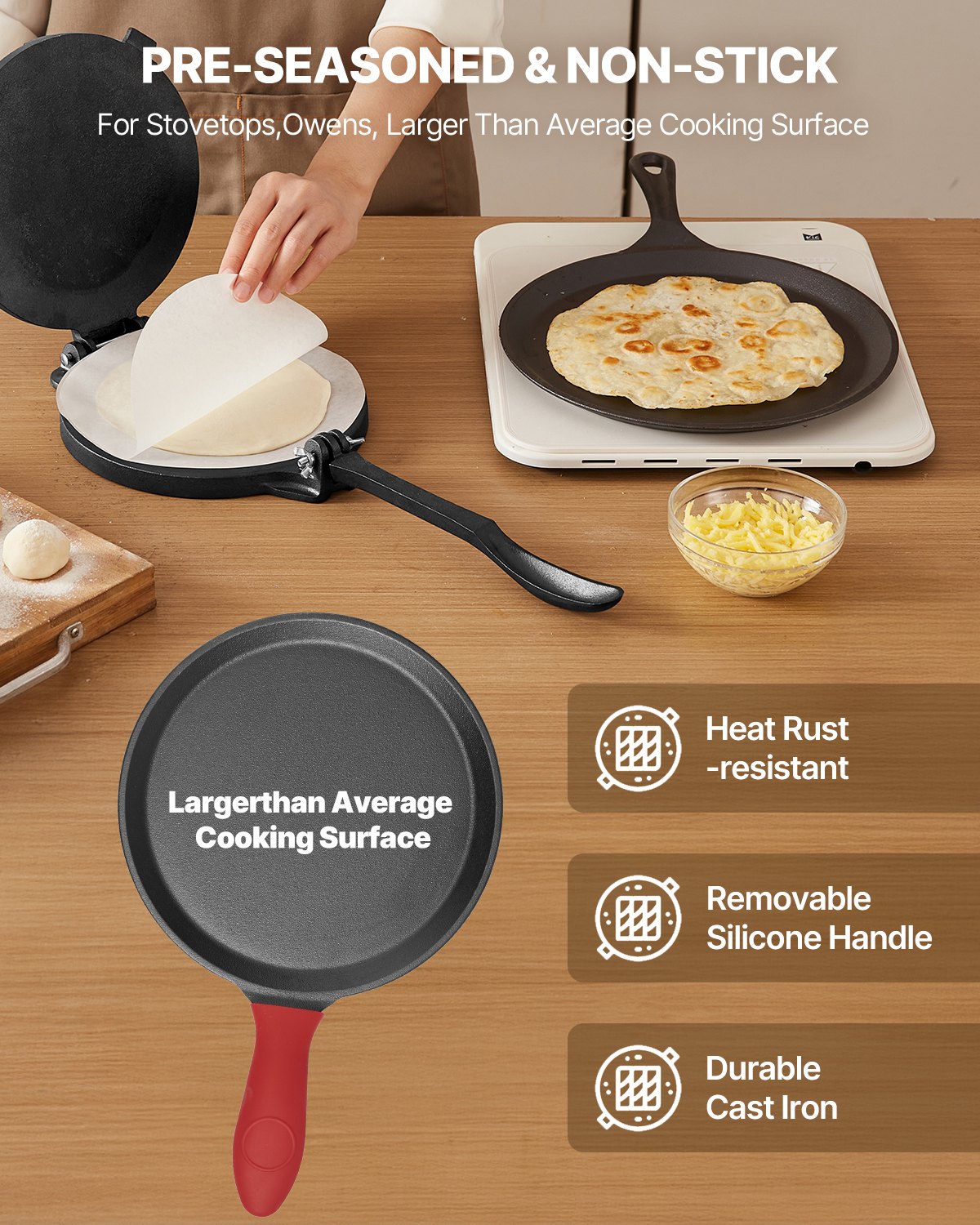 Presse à tortillas, à chapati, à pâte à roti, en fonte robuste de 25 cm