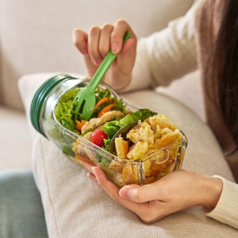 Saladier Portable Tout-En-Un en Plastique avec Récipient à Flocons d'Avoine Etanche, Réutilisable